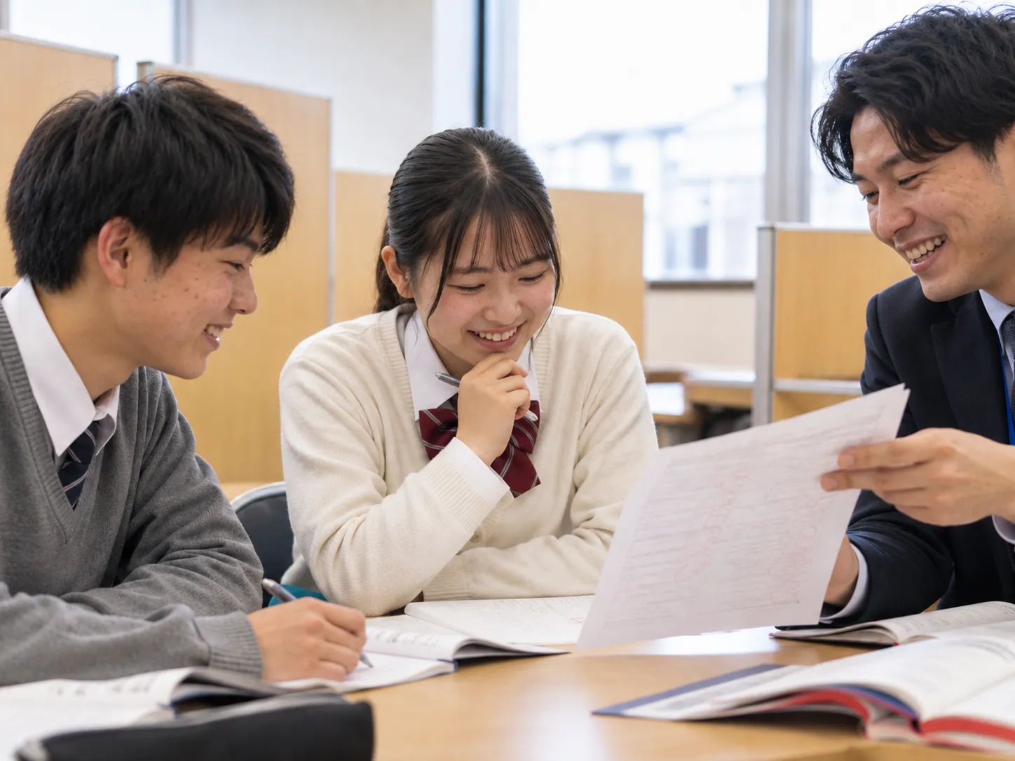 合格発表を見て喜ぶ生徒と先生