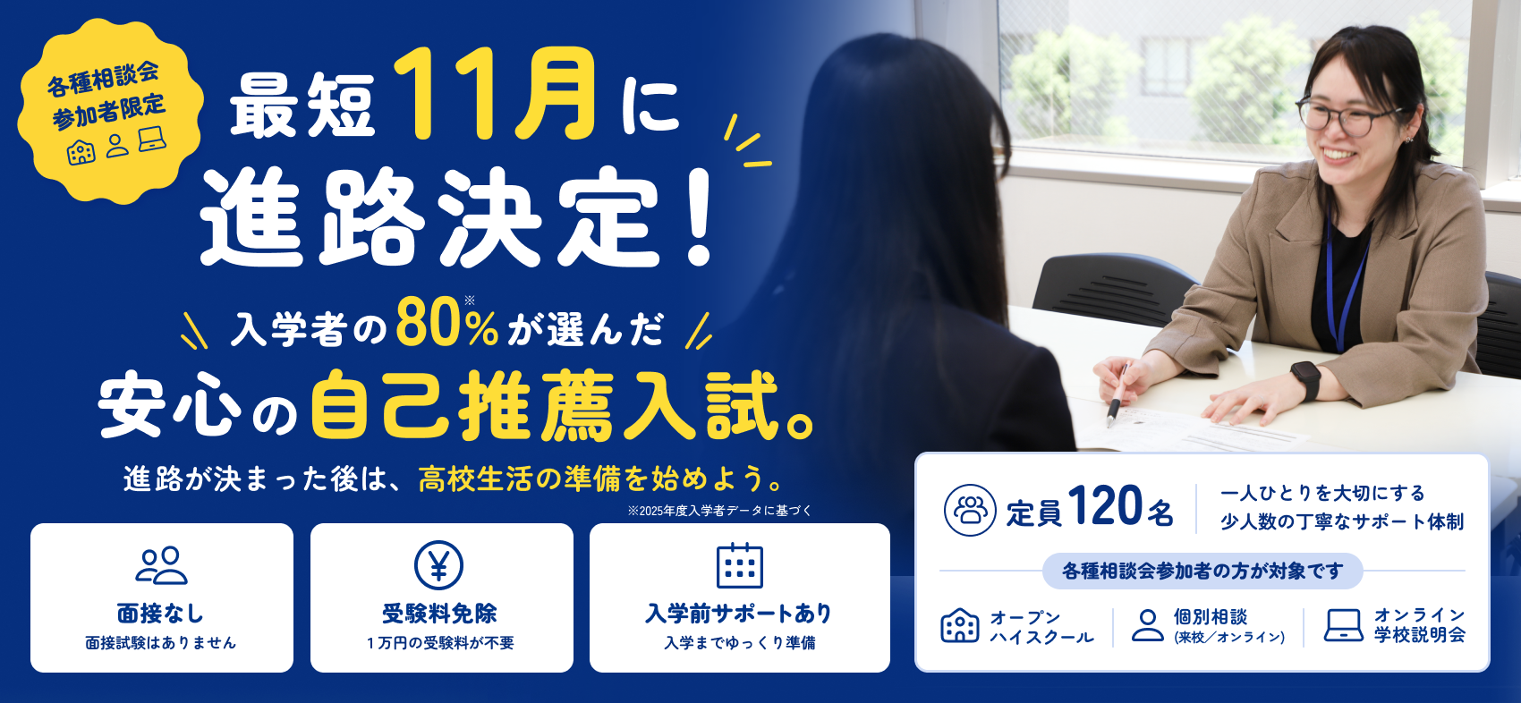 最短11月に進路決定！！入学者の80%が選んだ安心の自己推薦入試。